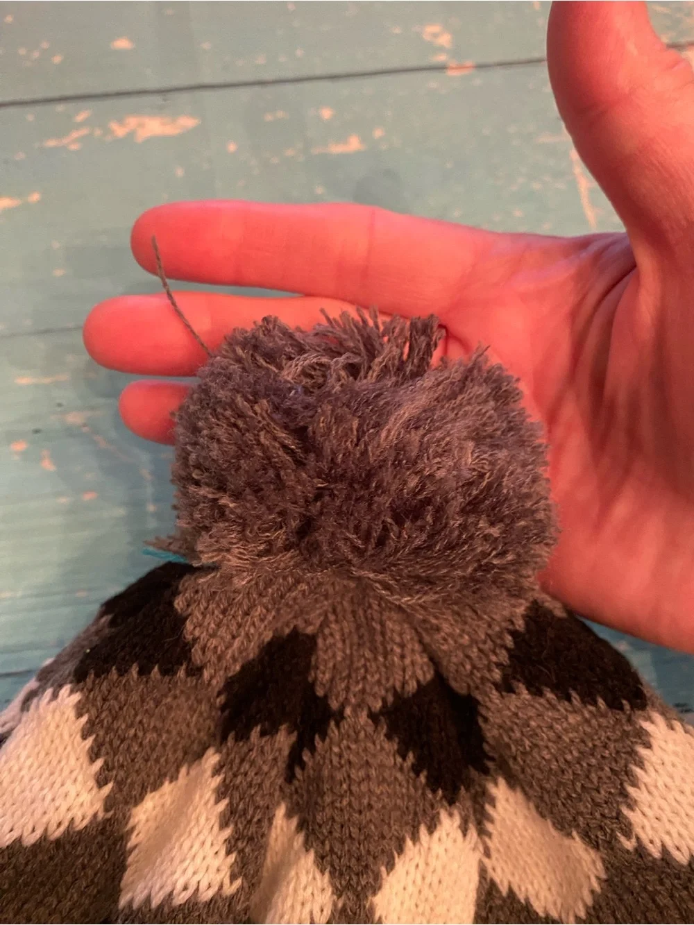Gray, Black, White, Pom-Pom Earflap Hat